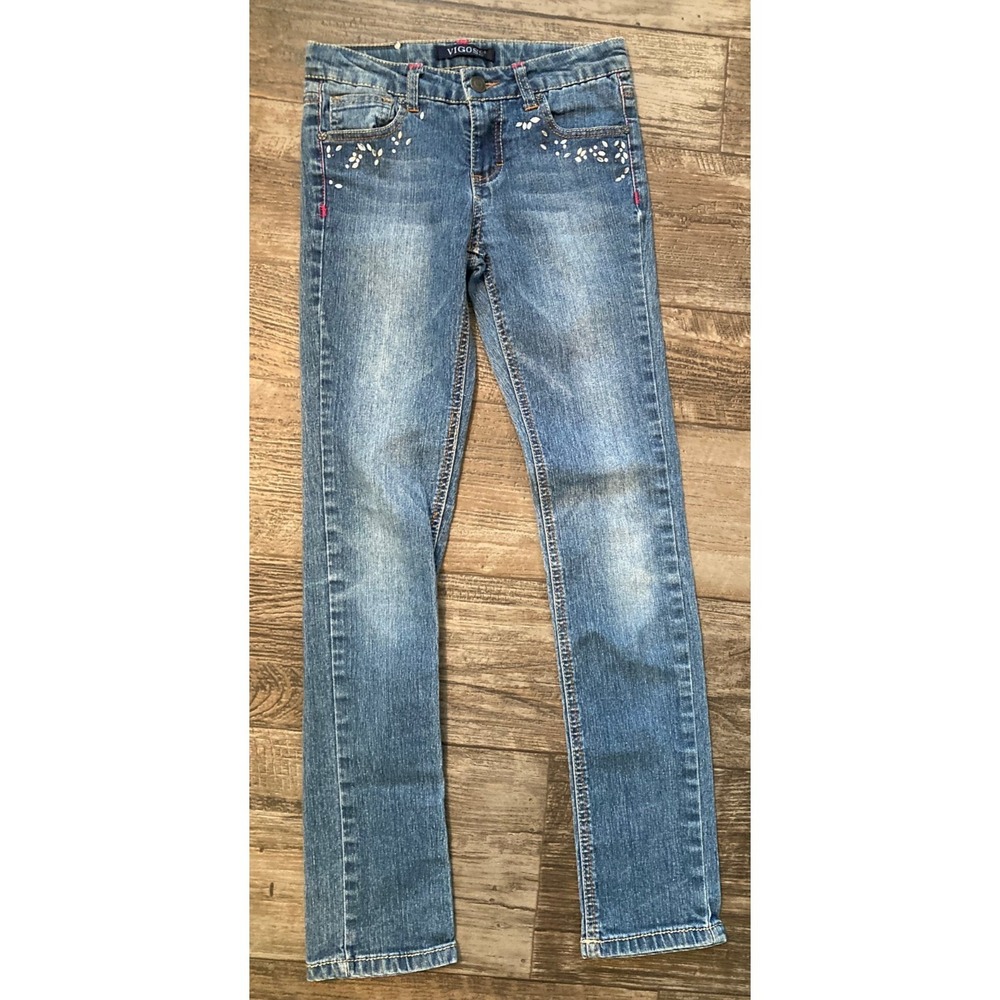 VIGOSS Girls Denim Jeans Size 12 Straight Rhinestone Distressed Medium Wash Blue